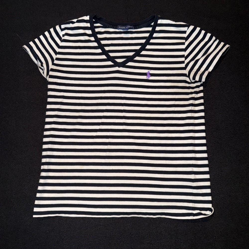 Ralph Lauren Women's T-Shirt S White & Navy Stripe Purple Pony Tee V-Neck Cotton